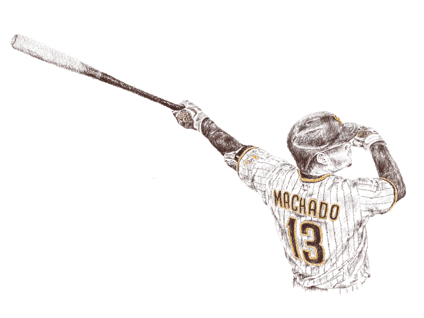 A detailed, layered portrait of baseball player Manny Machado, created using the numbers from his jersey. 