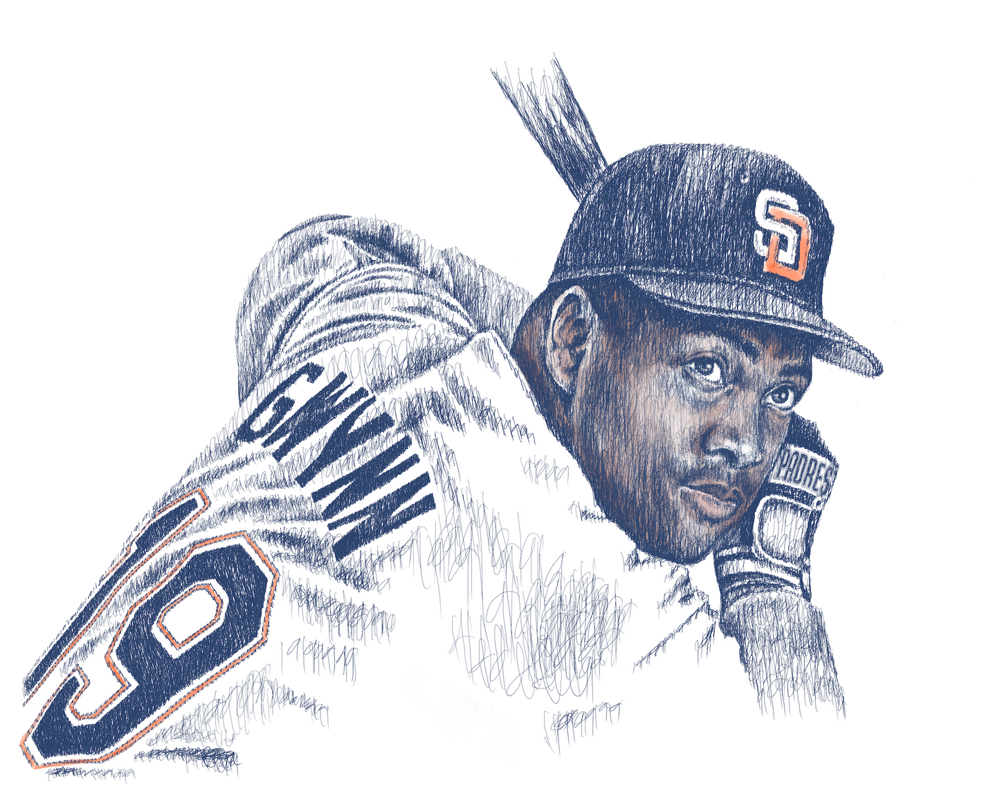 A tribute portrait of Tony Gwynn, drawn with layers of his jersey number to capture his legacy as a beloved baseball icon.