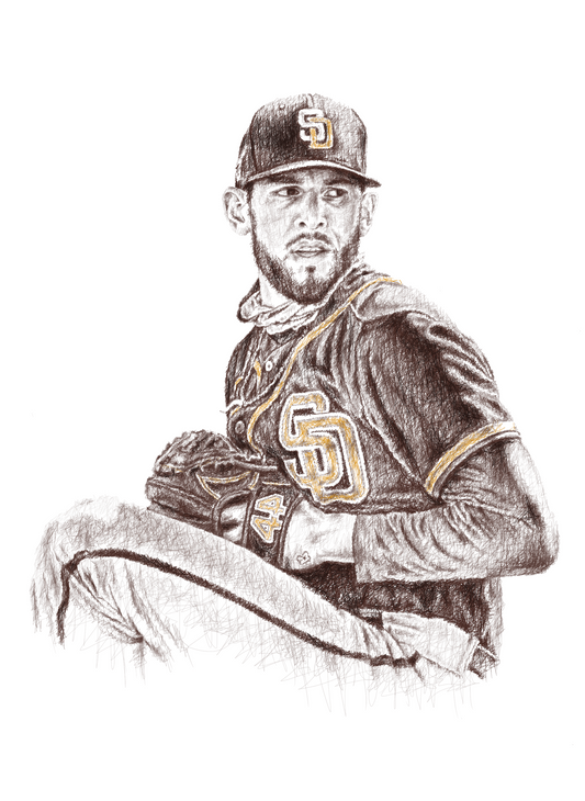 A detailed portrait of Joe Musgrove, layered with his jersey number.