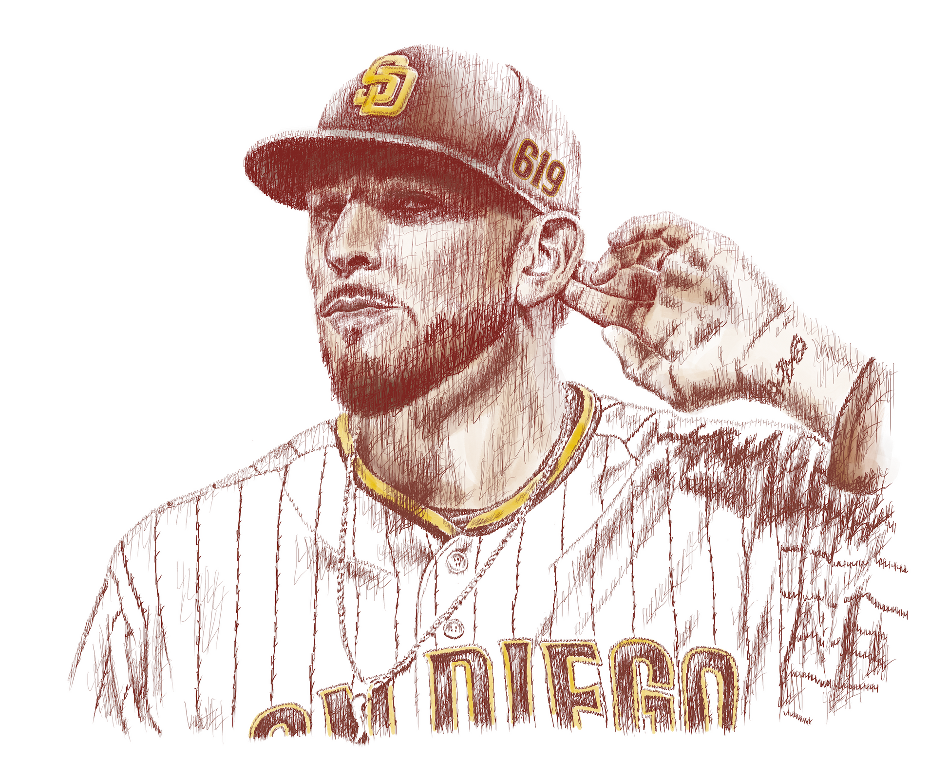 A detailed portrait of Joe Musgrove, layered with his jersey number.